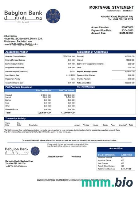 Irak Bank Babilon wyciąg z kredytu hipotecznego szablon Word i PDF